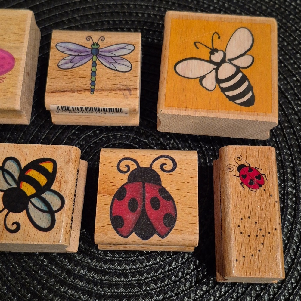 ASSORTED Insect Themed Wood Mount Rubber Stamp Set, Set Of 7 - Picture 3 of 8
